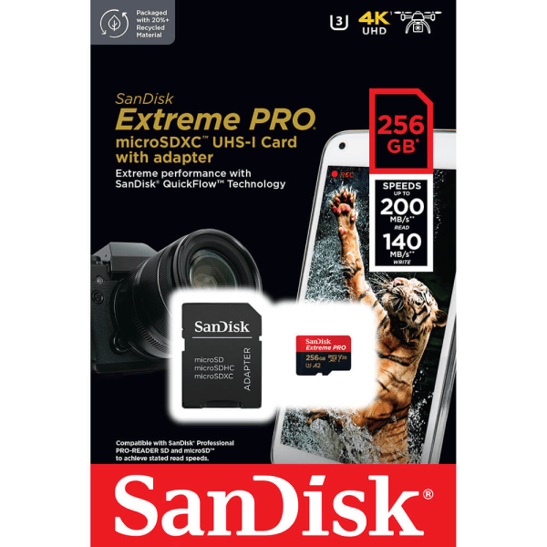 MicroSDXC Extreme Pro 256GB 200MB/s A2 C10 V30 UHS-I