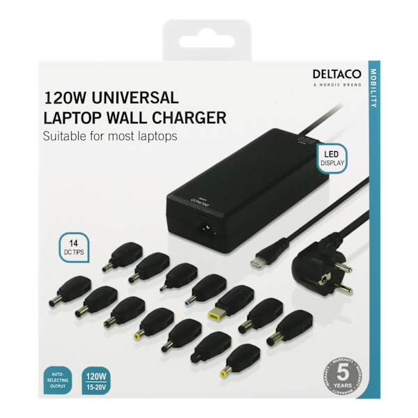 Laptop charger, 15-20 V, 8 A, 120 W, LED-display, black