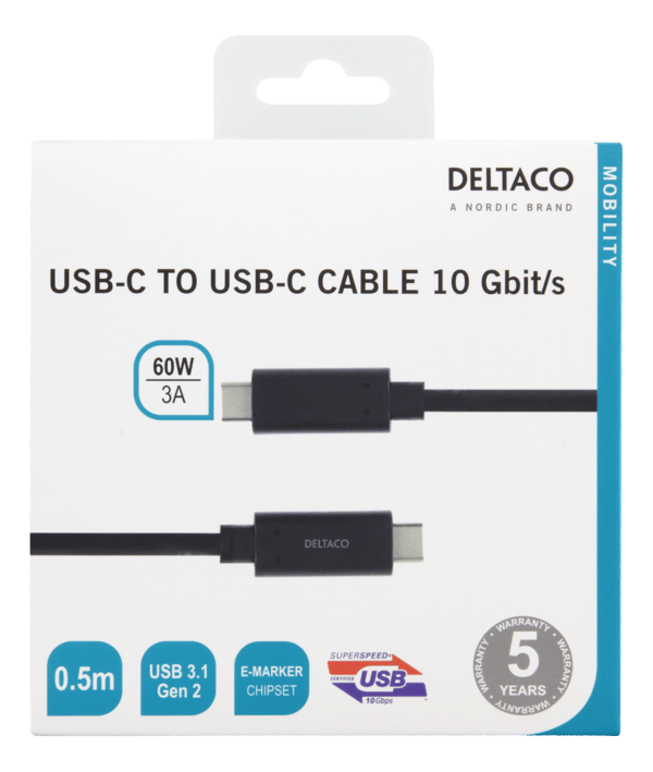 USB-C-kaapeli, 0,5m, 60W USB PD, 10Gbps, musta