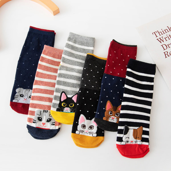 Färgglada söta djurdesign mönstrade Casual bomullsstrumpor 5-par Cat Print Socks 2 5-par