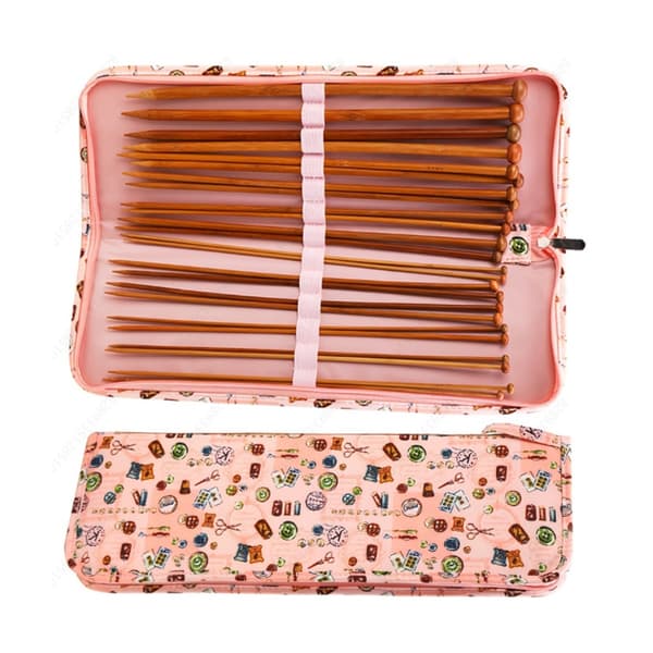 DIY karboniserade bambu enkla stickor set 25 st 35cm med måttband och rosa sy-mönsterfodral