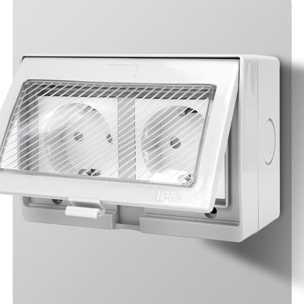 2-gångs Schuko-kompatibel vattentät utomhusdosa i grå PC+ABS, djup kabelbox, snäpplock med fjäderförsegling