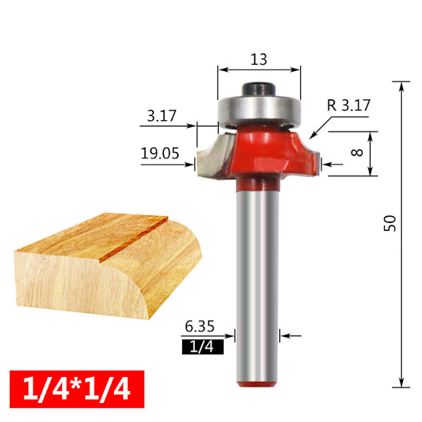 Afrunding overfræser 1/4"x1/4" (3,17 mm radius) - Træbearbejdning fræsebit Rød