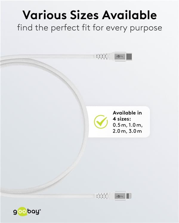 Lightning-USB-C erittäin pehmeä tekstiilikaapeli metalliliittimillä, 0,5 m, valkoinen