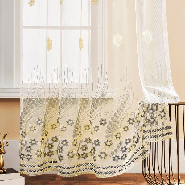 Grå Broderad Blommig Skir Gardin - Stångficka Voile Panel för Vardagsrum, Sovrum M M