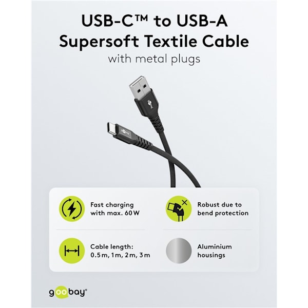 USB-C™ til USB-A superblødt tekstilkabel med metalstik, 1 m, sort
