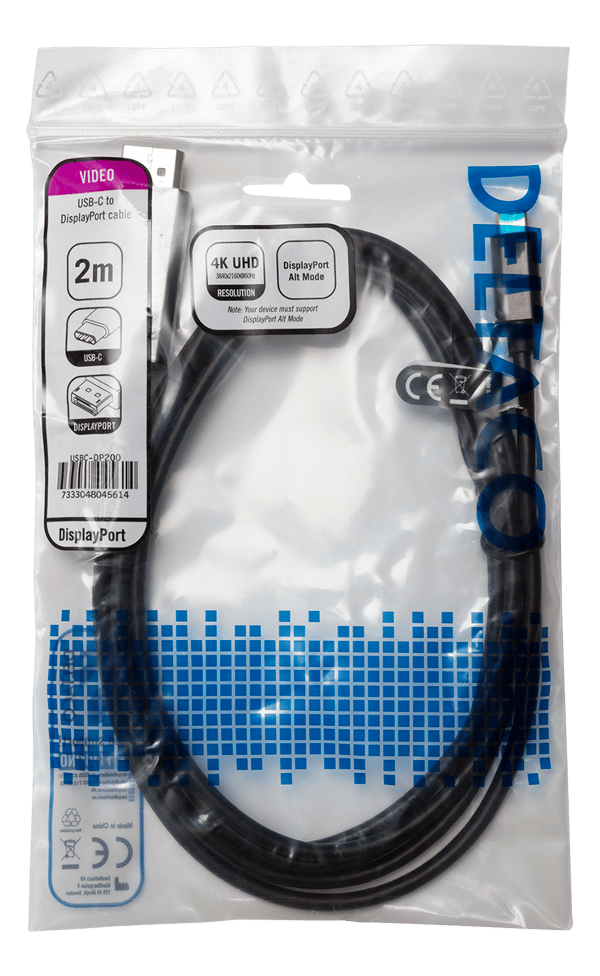 USB-C till DisplayPort-kabel, 2m, 4K@60Hz, sort