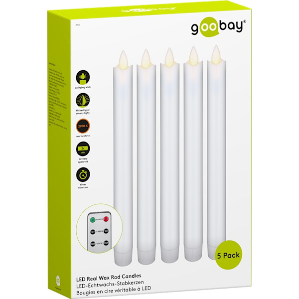 5-pack LED stav ljus av äkta vax, vit, inkl. fjärrkontroll