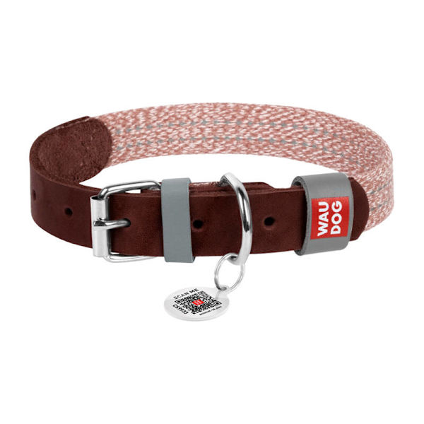 Hundhalsband av naturläder och återvunnet material med QR-kod Waudog storlek L, bredd 25 mm, brun