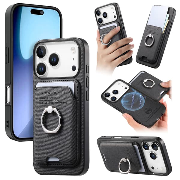 Sort PU Læder Magnetisk Kortholder Ring Etui Kompatibelt med iPhone 17 Pro Max