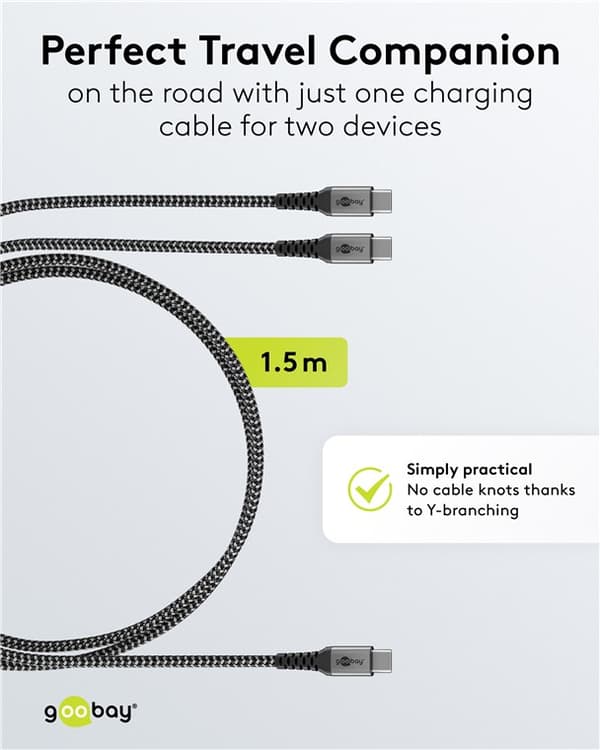 USB-C™-tekstiilikaapeli, 60 W, Power Delivery, 1,5 m, musta;harmaa
