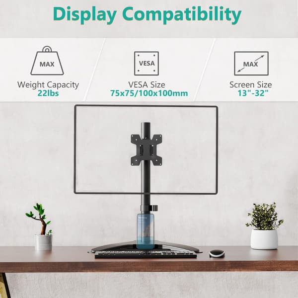 Computer-skærmstativ i sort jern til skrivebord, enkelt skærmstativ, passer 13-32 inch skærme, pladsbesparende stabilt design og nem montering