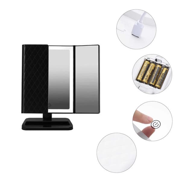 LED Sminkspegel - Läderdesign, USB/Batteridriven, Tri-Fold Sminkbordsspegel Black Black