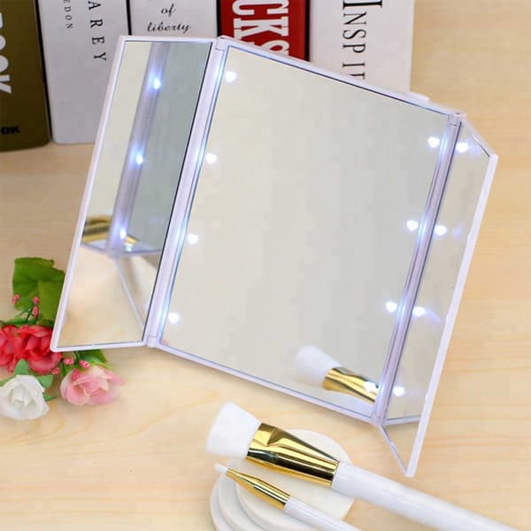 Tri-Fold Makeupspejl med Lys, Bærbart Forfængelighedsspejl med Justerbart Stativ til Perfekt Makeup White White