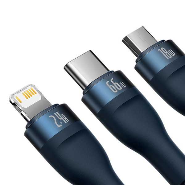 3-i-1 USB-kabel Baseus USB 3-i-1 Baseus Flash-serie, USB-C + Micro + Lightning 66W, 1,2 m (blå)