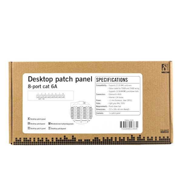 Patch Panel, 8xRJ45, Cat6a, wall-mountable, metal, grey