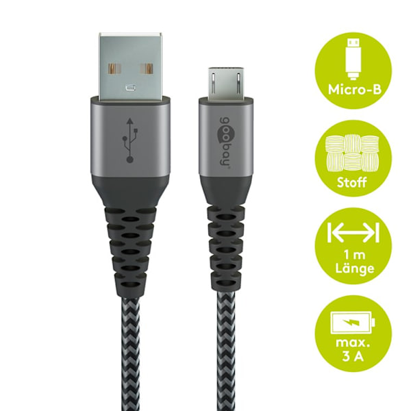 Micro-USB till USB-A textilkabel med metallkontakter 1 m