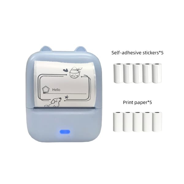 Mini Bluetooth termisk etiketprinter med 5 selvklæbende ruller, 5 papirruller, 203dpi og trådløs udskrivning Blue Blue