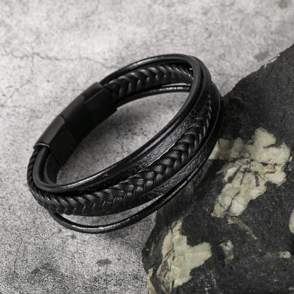 Flätat läderarmband för män Svart