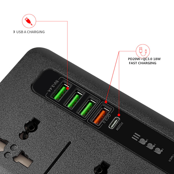 Universal Power Strip med hurtig opladning - BKL-04 Sort