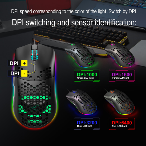 Langallinen pelihiiri RGB:llä, 6 säädettävää DPI:tä, 6 painiketta Musta