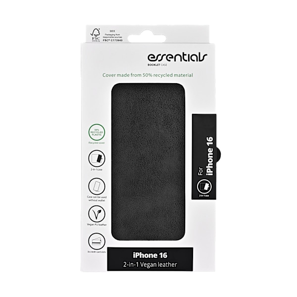 iPhone 16 PU wallet, detach, recycled, 3 cards, black