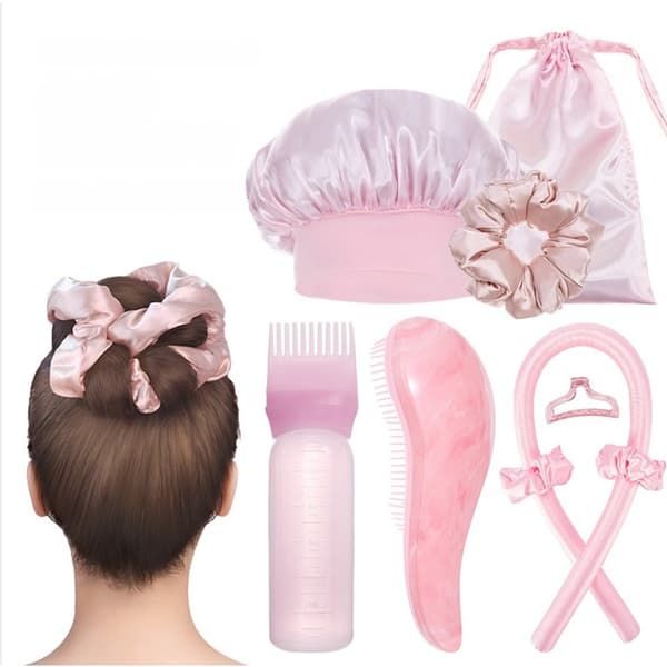 varmefri hårkrøller til natlig styling og bløde bølger – Princess Pink 9-dele sæt, polyester+plastic, sovehætte og tilbehør til morgenrutinen