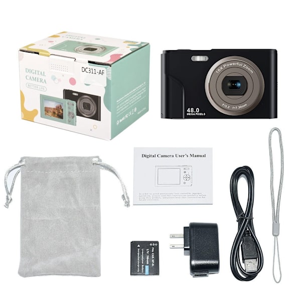 INF Digitalkamera 48 MP, 1080p FHD, 16x zoom, 32GB minneskort Svart