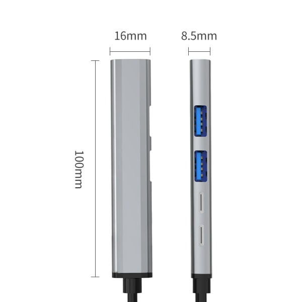 5-i-1 USB-C-hubb med USB 2.0/3.0 USB-C PD 60W Silver