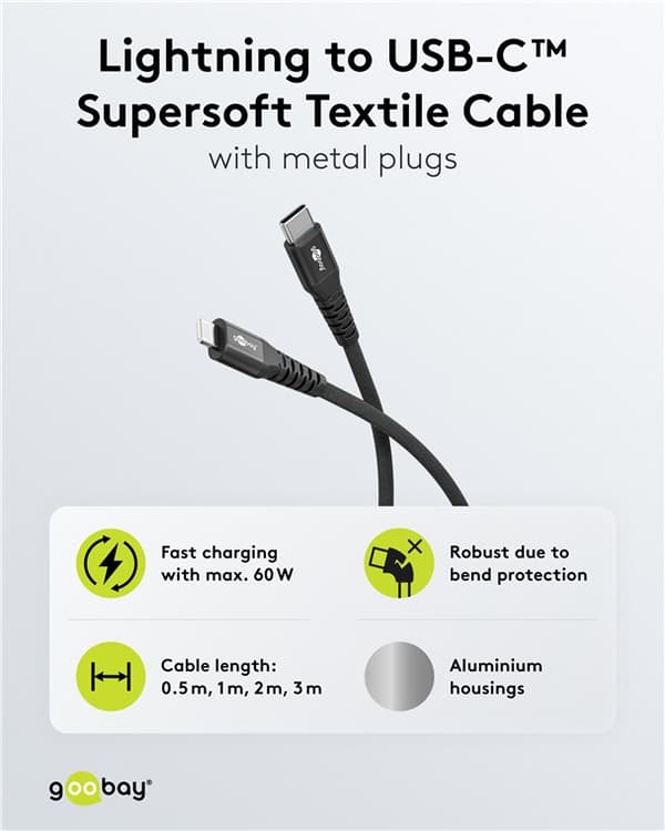 Lightning-USB-C™ erittäin pehmeä tekstiilikaapeli metalliliittimillä, 2 m, musta