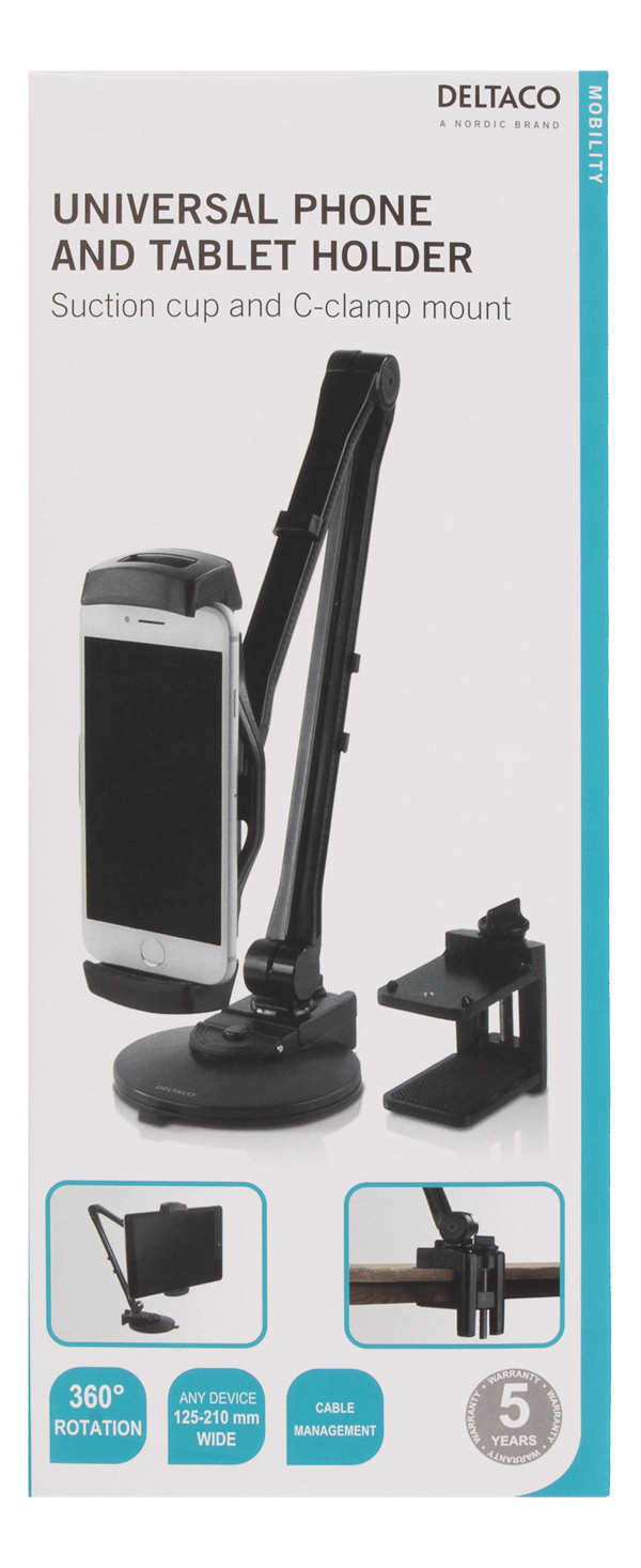 2-in-1 smartphone/tablet stand, suction cup, clamp, black
