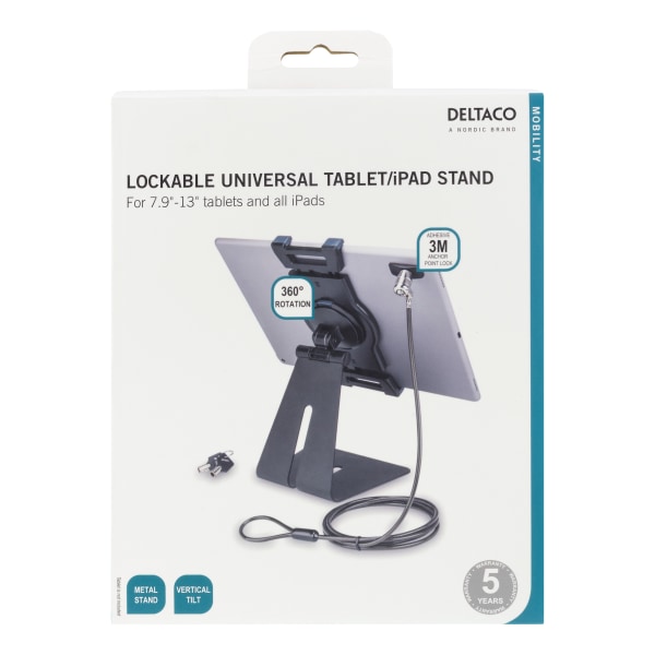 deltaco Universal tablet desk stand, wire lock, 360 rotation, bl