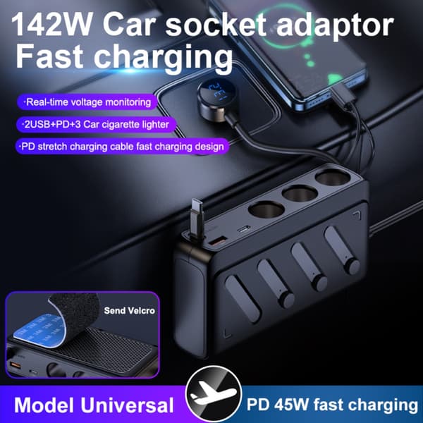 3-i-1 cigarettænder biloplader med PD45W, digital voltvisning og indtrækbart 65cm kabel — 142W samlet effekt, USB-A og USB-C udgange