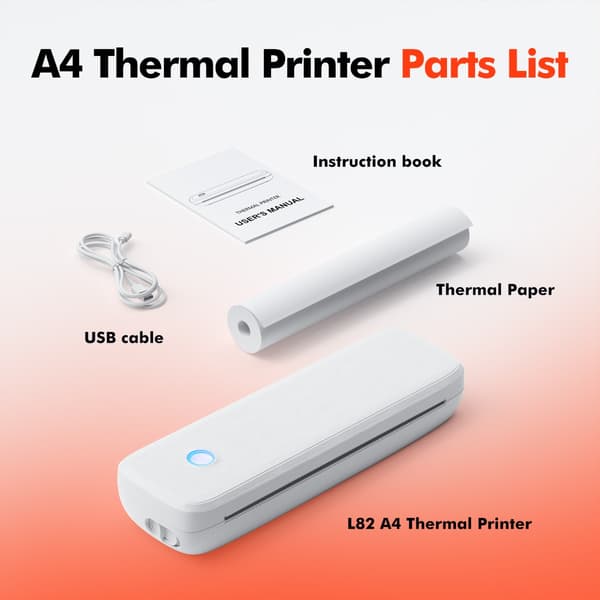Bärbar A4 bläckfri termisk skrivare med Bluetooth och USB, uppladdningsbart polymerbatteri, kompatibel med iOS, Android och Windows, stöder 2.0 inch t White
