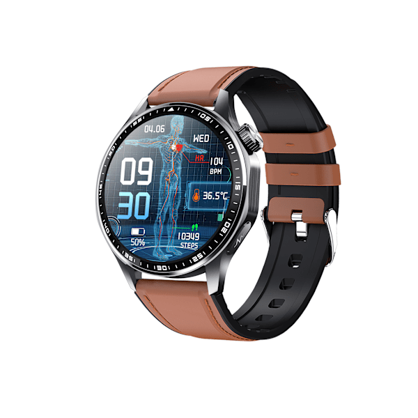 Smartwatch med EKG, pulsmåler, blodtryksmåler og skridttæller Sort og brun læderrem