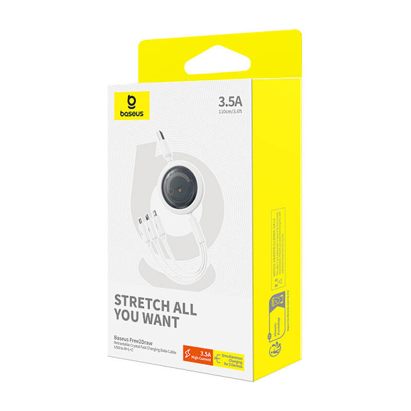 Snabbladdningskabel 3in1 Baseus Free2Draw, USB till micro USB+USB-C+Lightning, 3,5A, 1,1m (vit)