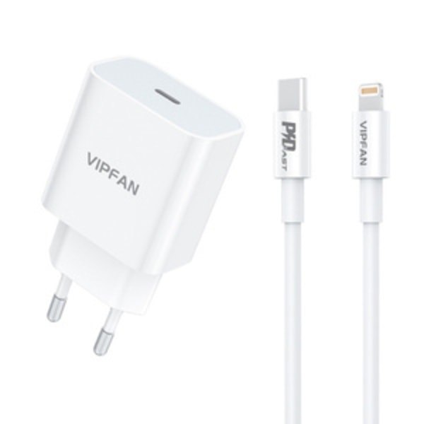 Väggladdare VFAN E04, USB-C, 20W, QC 3.0 + Lightning-kabel (vit)