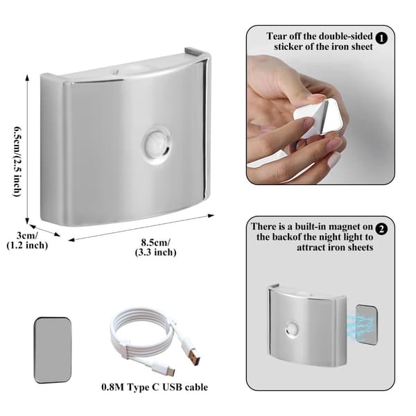 Rörelsesensor vägglampa uppladdningsbar – automatisk nattbelysning för sovrum, hall och badrum, trefärgad dimning, magnetisk montering, 1200mAh Silver Silver
