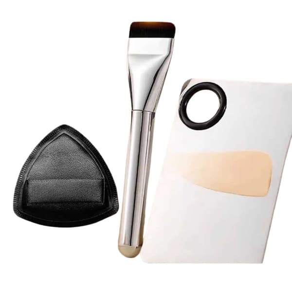 3-Dels Sminkpalett Puff och Platt Foundation Borste Set för Perfekt Makeup Applicering