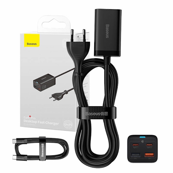 Snabbladdare Baseus GaN3 Pro, 2x USB-C, 2x USB, 65W (svart)