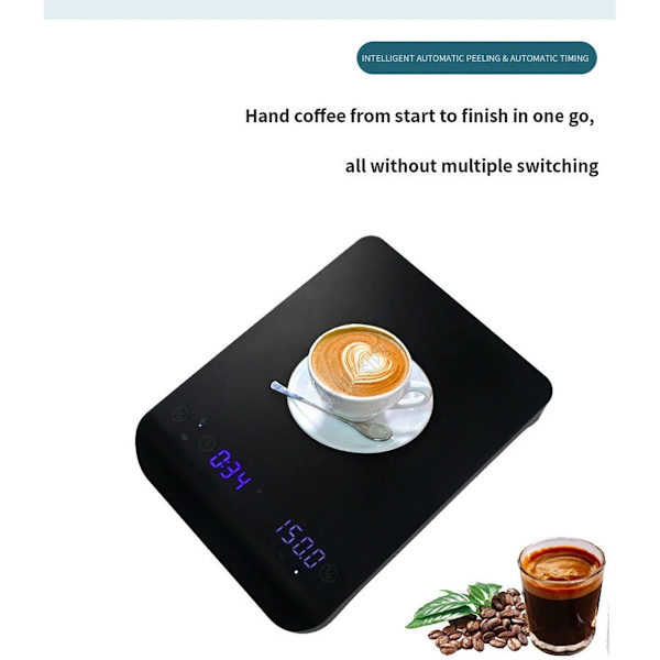 Mini digital kaffevægt med dobbelt timer, USB-C genopladelig, højpræcisionssensor, LED-display - Sort