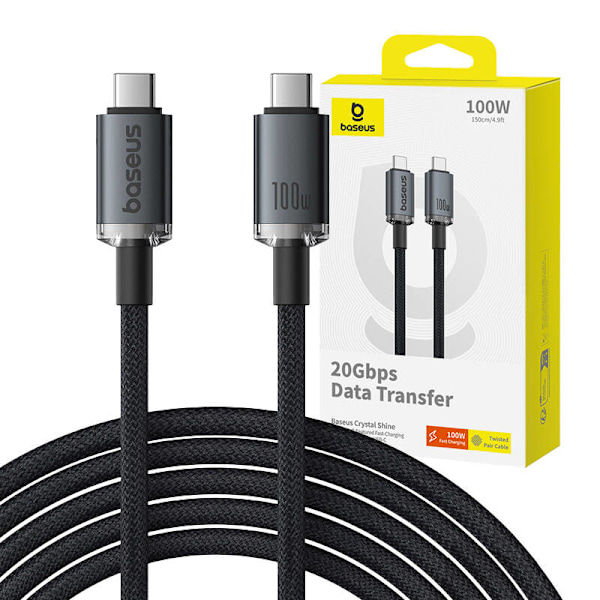 Hurtigopladningskabel Baseus Crystal Shine USB-C til USB-C 100W, 1,5m, 20Gb (sort)