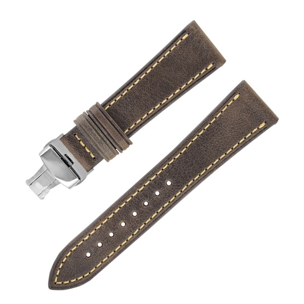 Klockarmband i äkta läder med fjärilsspänne - 22MM Grå
