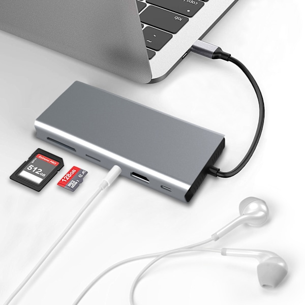 13-in-1 USB-C-keskitin HDMI:llä, VGA:lla, Ethernetillä, SD-kortinlukijalla ja muilla ominaisuuksilla
