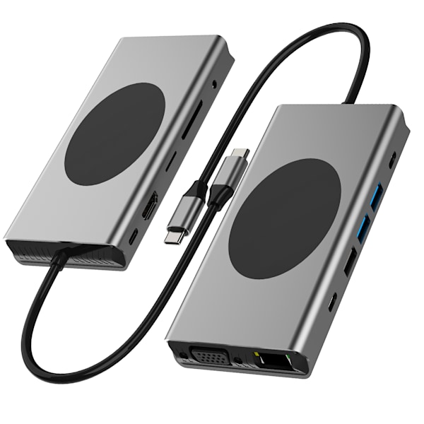 13-in-1 USB-C Hub -monitoimiadapteri HDMI:llä, VGA:lla, Ethernetillä, SD/TF-kortinlukijalla