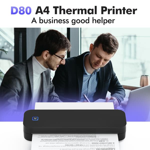 Bærbar A4 termisk printer D80 med blækfri A4-udskrift, Bluetooth, batteridrevet 5V/2A, kompatibel med iOS Android Windows MacOS Black Black