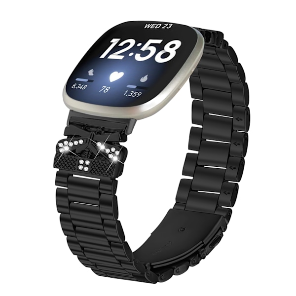 Glittrande fjärilsarmband för Fitbit Versa 3/4 med tre strass Svart