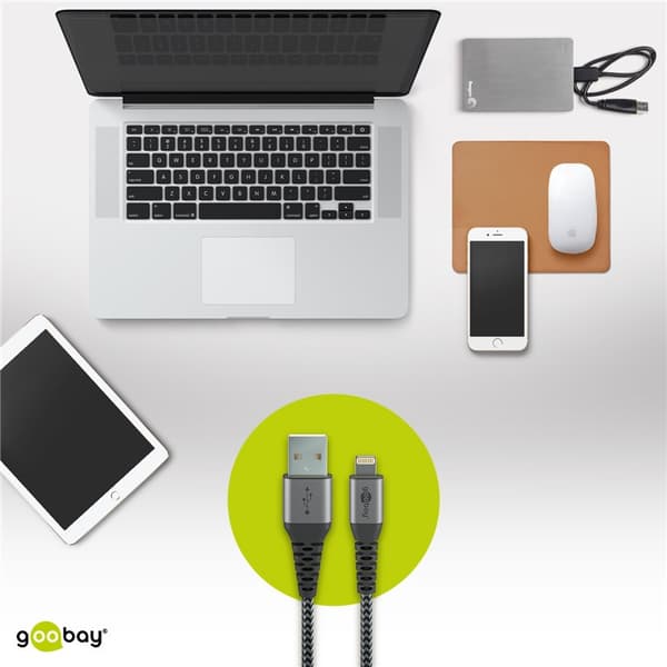 Lightning USB-A tekstilkabel med metalstik, 2 m