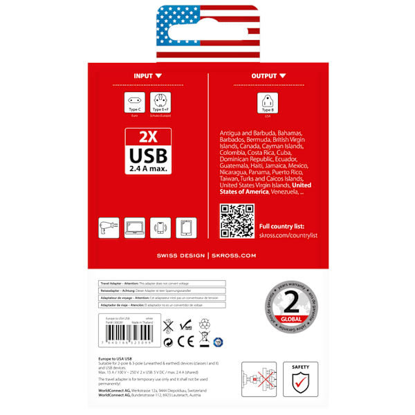 Reseadapter Europa till USA m.fl.2xUSB-A 12W Jordad