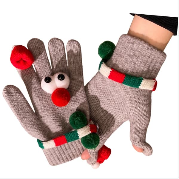 Julstickade Plysch Varma Handskar - Roliga Vinterhandskar för Dam med Stora Ögon och Vindtäthet Grey Grey